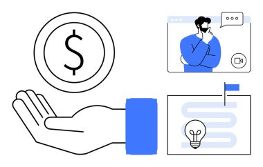 Mali planlama konsepti. Özellikler arasında dolar işareti olan açık bir el, sanal bir toplantıda karar veren bir figür ve ampul ikonlu bir yol haritası yer alıyor. Yatırım, strateji, iş için