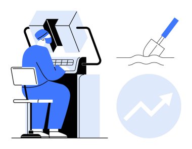 İş geliştirme, veri analizi, ekonomik büyüme, piyasa araştırması, teknoloji, yenilik. Bilgisayarda çalışan biri. Veri analizi ve ekonomik büyüme kavramı