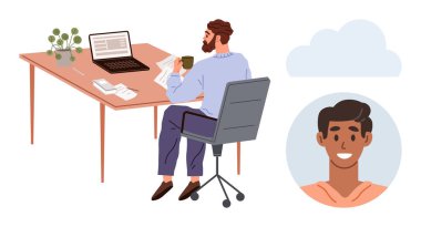 Uzaktan çalışma, ofis işleri, dijital kimlik, bulut hizmetleri, modern iletişim, verimlilik. Laptop ve kahveyle bir masada çalışan bir adam. Bulut ve portre de dahil. Uzak çalışma