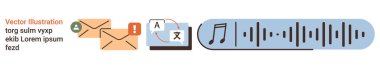 Dijital iletişim, çeviri hizmetleri, çok dilli araçlar, e-posta bildirimleri, ses tanıma, erişilebilirlik. Zarflar, dil çeviricisi ve ses dalga biçimleriyle simge seti