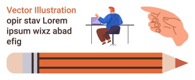 Eğitim, yaratıcılık, içerik oluşturma, tasarım süreci, işyeri dekorasyonu, dijital araçlar. Bir kişi bir masada dizüstü bilgisayar, bir el ve büyük bir kalemle oturuyor. Eğitim ve yaratıcılık kavramı