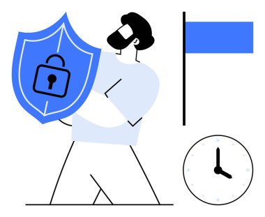 Siber güvenlik, veri gizliliği, çevrimiçi koruma, güvenli erişim, zaman yönetimi, risk azaltma. Kalkanı bayrak ve saatin yanında tutan adam. Siber güvenlik ve veri gizlilik teması