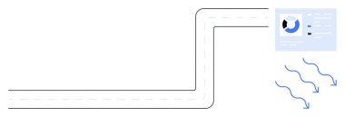 Veri görselleştirme kavramı. Bilgi izleme ve içgörüyü vurgulayan yön eğrileri ve analitik gösterge paneliyle veri akışı vurgulandı. İş için veri, bilişim sistemleri, eğitim, bulut