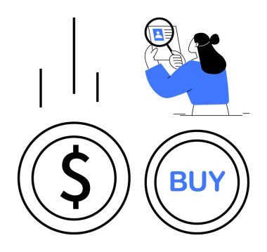 E-ticaret konsepti. E-ticaret, bir kullanıcı profili doğrulama süreci, dolar sembolü ve satın alma düğmesiyle resmedilmiş. E-ticaret online işlemleri ve alışveriş güvenliğini arttırır. Perakende, fintech için