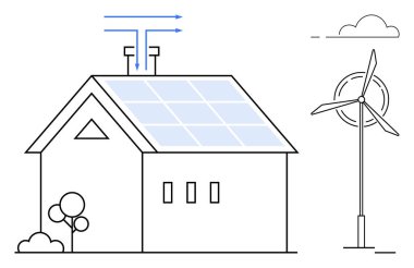 Yenilenebilir enerji, çevre dostu tasarım, sürdürülebilir yaşam, yeşil teknoloji, enerji verimliliği, çevre. Güneş panelleri ve rüzgar türbinli ev. Yenilenebilir enerji ve çevre dostu tasarım kavramı