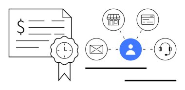 Sertifika, kimlik, e-ticaret, iletişim, müşteri hizmetleri, iş akışı. E-posta, web ve destek için rozet ve simge içeren bir belge. Sertifika ve e-ticaret