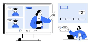 Çevrimiçi öğrenme, finansal bütçe, uzaktan çalışma, uzaktan eğitim, e-öğrenme, eğitim teknolojisi. Öğretmen ve öğrencilerle sanal toplantı, finansal araçlar kullanımı. Çevrimiçi öğrenim ve mali