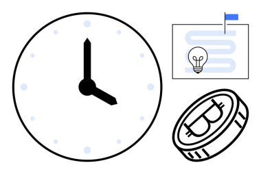 Zaman yönetimi konsepti. Saat zamanı, fikir üretmek için ampullü strateji çizelgesi ve finansal büyüme için kripto para. Üretkenlik, planlama, kripto ve yatırım odakları için zaman yönetimi