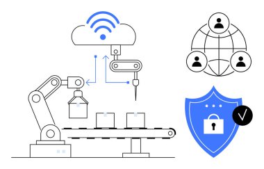 Akıllı üretim konsepti. Akıllı üretim sistemleri işlemleri ve veri akışını optimize eder. Akıllı üretim verimliliği, otomasyonu ve veri güvenliğini sağlar. IOT, robotik, tedarik zinciri