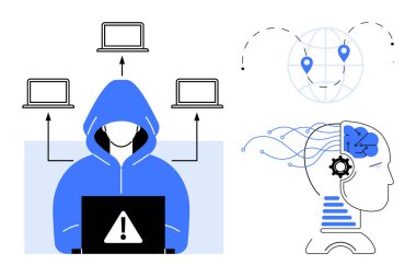 Siber güvenlik, teknoloji tehditleri, yapay zeka, makine eğitimi, veri hackleme, dijital sistemler. Laptop ve uyarı sembollü kukuletalı figür, ağ simgeleri yapay zeka beyni. Siber Güvenlik