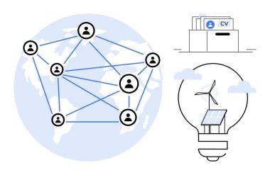 Bir harita üzerinden bağlı profillerle küresel ağ oluşturma. Rüzgar türbini ve güneş paneli ile yenilenebilir enerji. Özgeçmişleri olan bir iş. teknoloji, sürdürülebilirlik, işe alım çözümleri, küresel bağlantılar