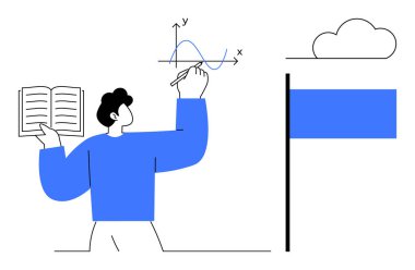 Eğitim, veri analizi, yenilik, öğrenme, istatistiksel araştırma, ilerleme. Bayrak ve bulutla grafik çizerken elinde kitap tutan biri. Eğitim ve veri analizi kavramı