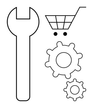 E-ticaret, online alışveriş, sistem bakımı, teknik destek, iş optimizasyonu, dijital aletler. Alışveriş arabası, İngiliz anahtarı ve vites sembolleri. E-ticaret ve sistem bakım kavramı