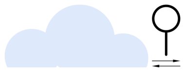 Cloud technology, digital analysis, data management, information storage, online research, connectivity. Simplified cloud shape with a magnifying glass icon showing double arrows. Cloud computing