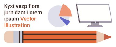 Business analytics, graphic design, education tools, workplace setup, presentation slides, digital visualization. An orange pencil, pie chart monitor and placeholder text. Business analytics