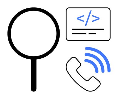 Search optimization, digital communication, programming, technology, signal strength, customer support. A magnifying glass, coding symbol and phone icon with signal waves. Search optimization