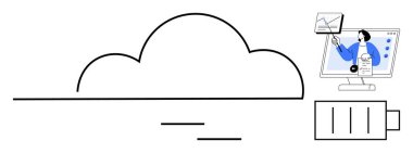 Bulut hesaplama konsepti. Pil enerjili, analitik ve dijital uygulamalı bulut hesaplama sistemleri. Bulut hesaplama yenilikleri, sürdürülebilirliği ve iş verimliliğini sağlar. İdeal