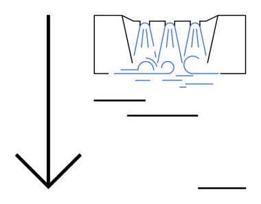 Eğitim, mühendislik, fizik, sıvı dinamiği, teknik diyagramlar, araştırma. Şematik, akışkan göstergeli ok ve kanal tasarımını gösteriyor. Eğitim ve mühendislik görselleştirme kavramı