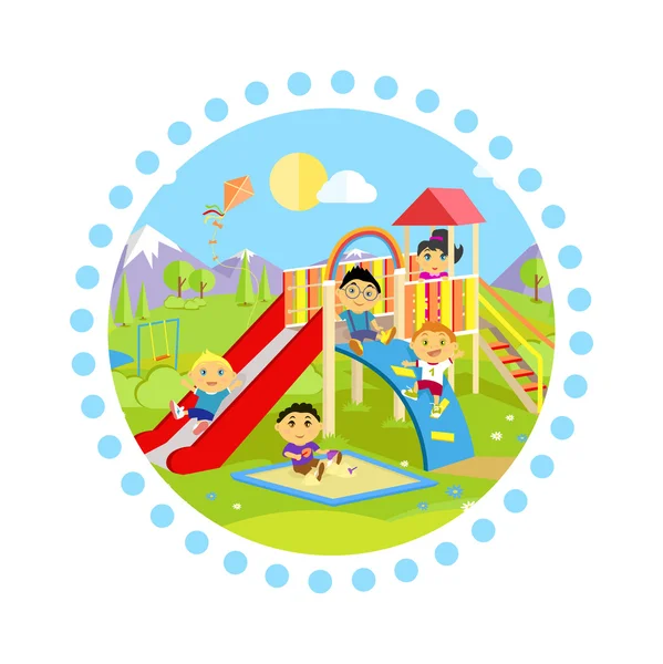 Playground with Slide and Children — Stok Vektör