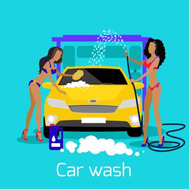 Girl Car Wash Flat Concept Icon