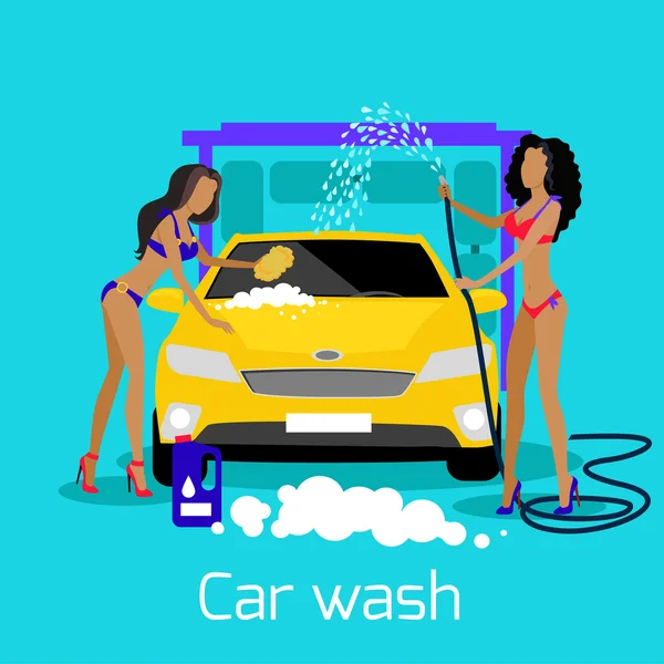 Girl Car Wash Flat Concept Icon — ストックベクタ