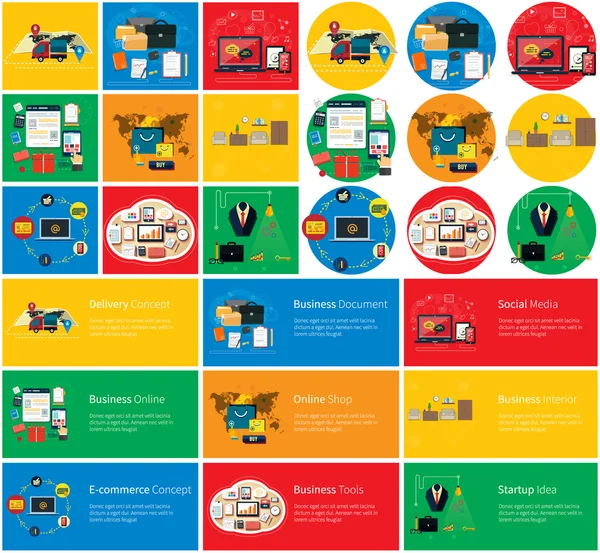 Affaires en ligne, Médias sociaux, Concept de livraison — Image vectorielle