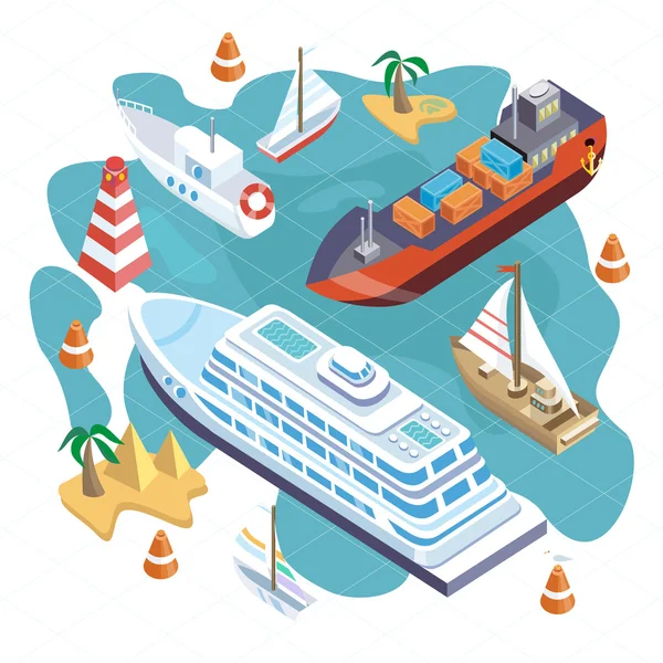 Isometric Set Ships. Sea Transport — 图库矢量图片