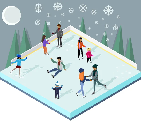 Ice Rink with People Isometric Style — Stock Vector