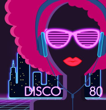 Disco 80s. Girl with Headphones