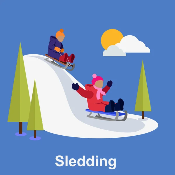 Sledding crianças design de estilo plano — Vetor de Stock