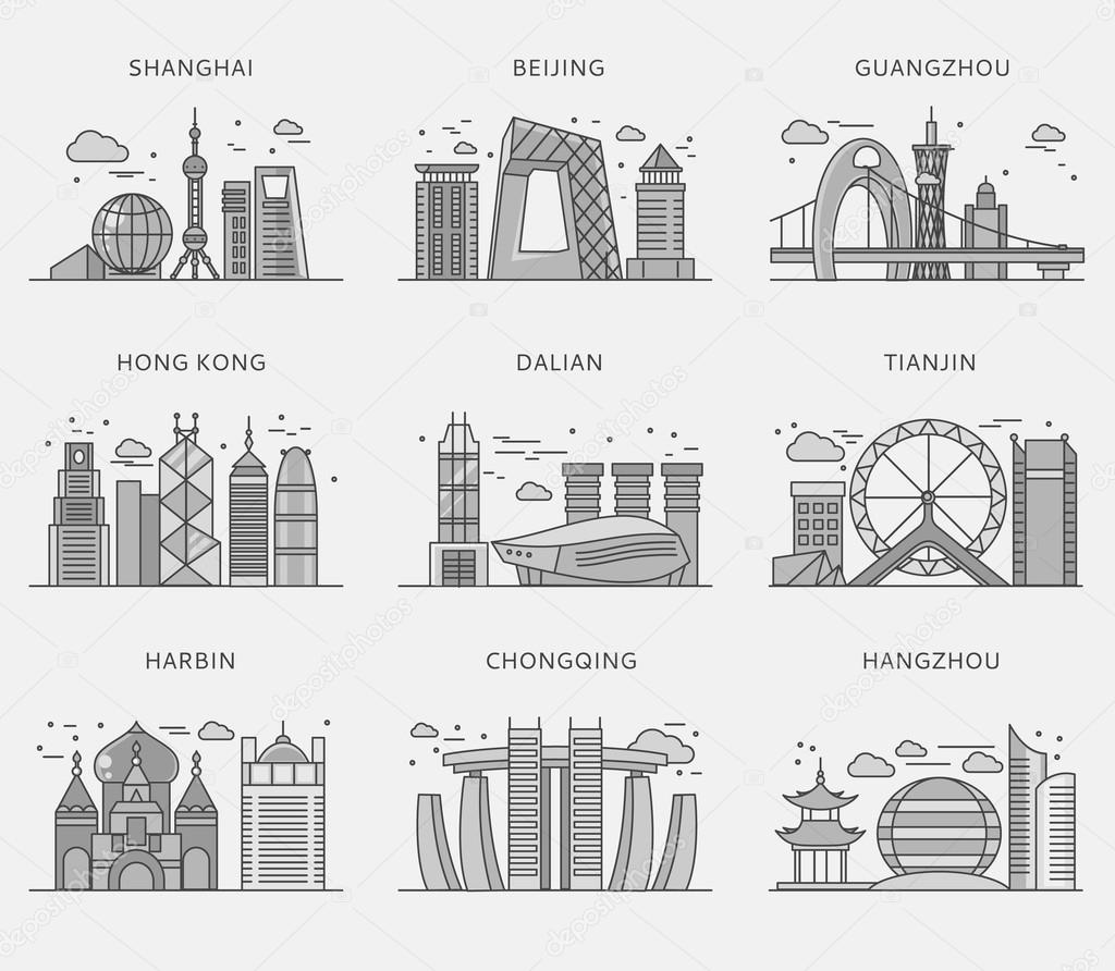 Icons Chinese Major Cities Flat Style