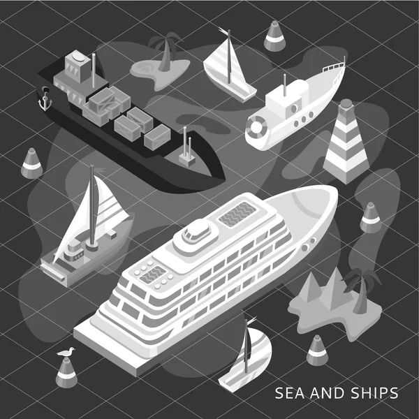 Isometric Set Ships. Sea Transport — Stok Vektör