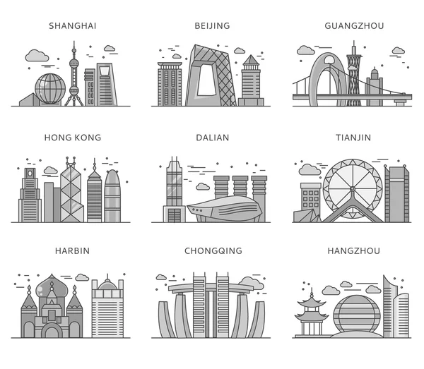 Iconos de las principales ciudades chinas Estilo plano — Archivo Imágenes Vectoriales