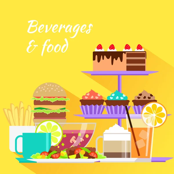 Beverages and Food Design Flat — Stock vektor