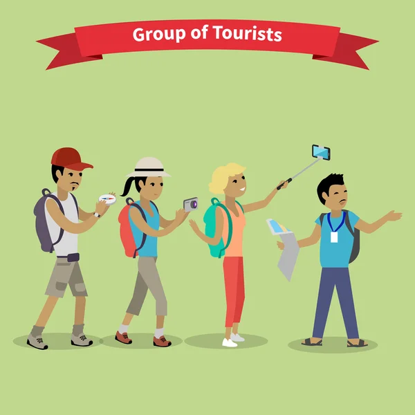 Touristes Personnes Groupe Style Plat — Image vectorielle