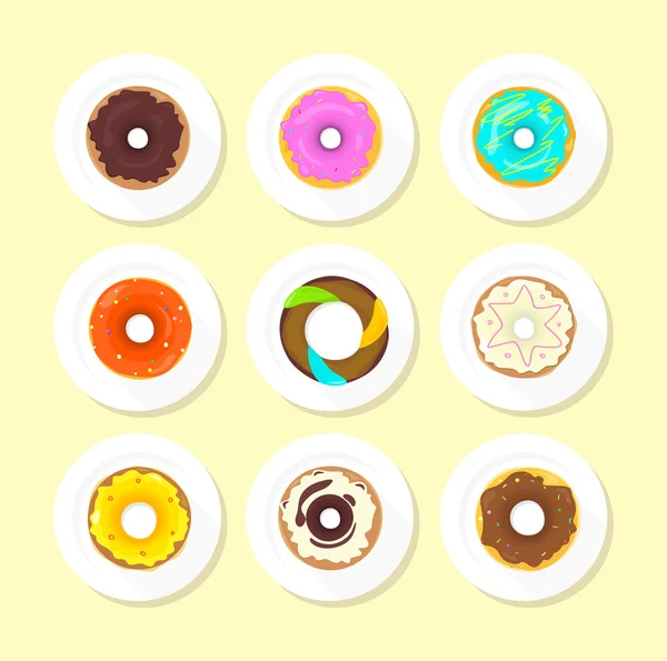Sweet Donuts Set Design Flat Food — Wektor stockowy