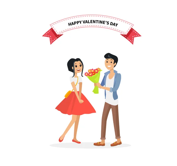 Happy Valentine Day Couple. Man Give Flower Woman — Διανυσματικό Αρχείο