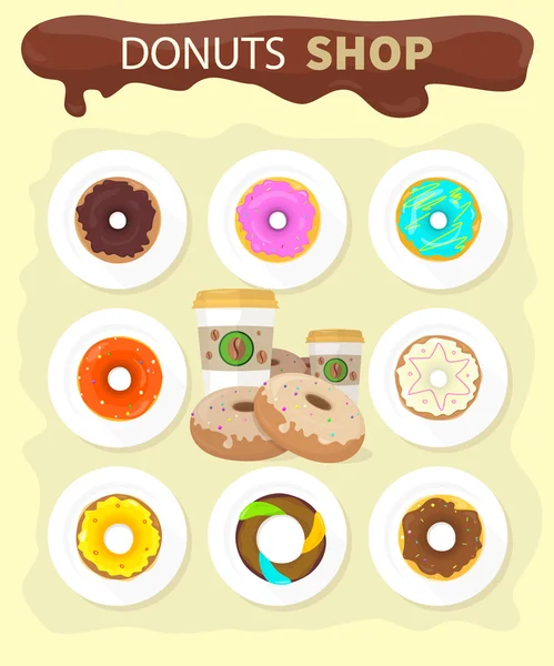 Sweet Donuts Set Design Flat Food — Διανυσματικό Αρχείο