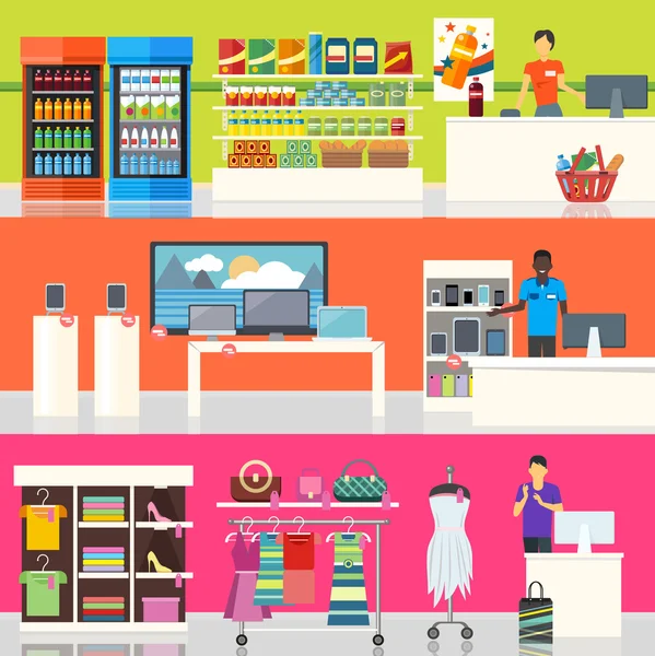 People in Supermarket Interior Design — Stock Vector