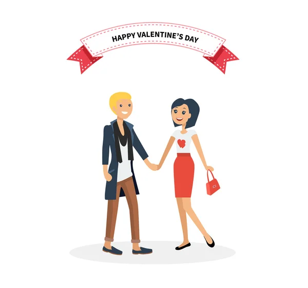 Happy Valentine Day Couple. Man Give Flower Woman — Wektor stockowy