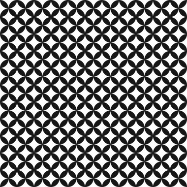 Dikişsiz desen arka plan, siyah ve beyaz geometrik çevrelerde kesişen. Retro vintage vektör tasarımı.