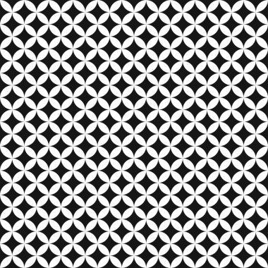 Dikişsiz desen arka plan, siyah ve beyaz geometrik çevrelerde kesişen. Retro vintage vektör tasarımı.
