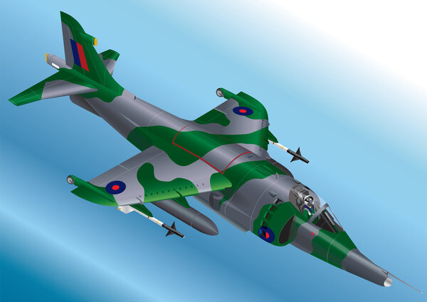 Detailed Isometric Vector Illustration of a Royal Air Force Harrier Jet Fighter