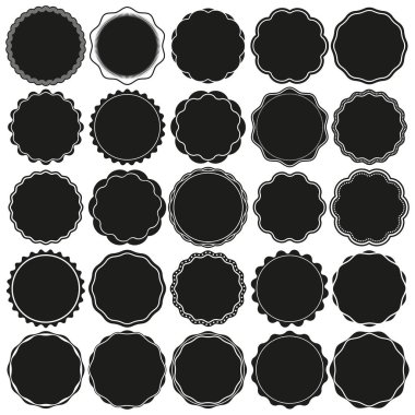 Dolu Özgeçmişli Yuvarlak Balmumu Mühür Stili Kenar Çerçeveleri Koleksiyonu. Eski etiket tasarımları için ideal.