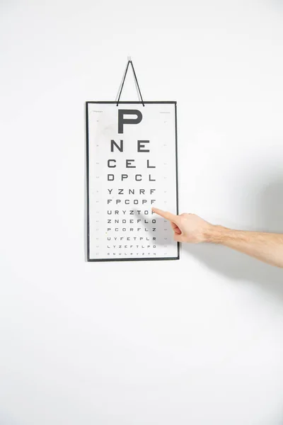 An ophthalmologist, an optometrist carrying out an eye examination, close-up on a hand pointing letters. An eye test chart on a white wall. A vision test board, a test for visual acuity.