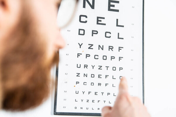 Reading an eye test chart on a white wall, close-up. An ophthalmologist, an optometrist eye examination. A vision test board, a test for visual acuity.