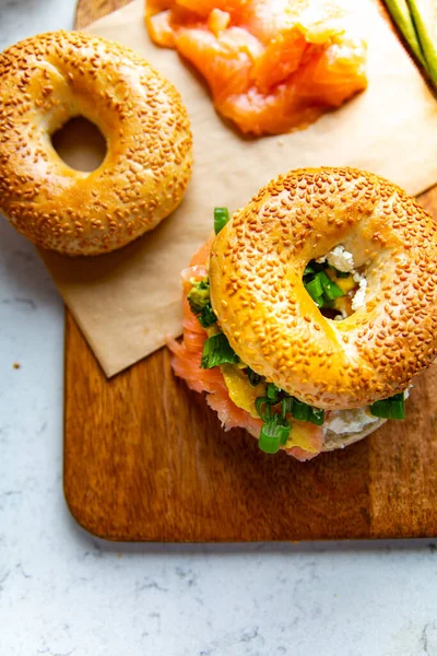 Breakfast Composition Sandwich Made Bagel Sesame Seeds Smoked Salmon White — Stockfoto