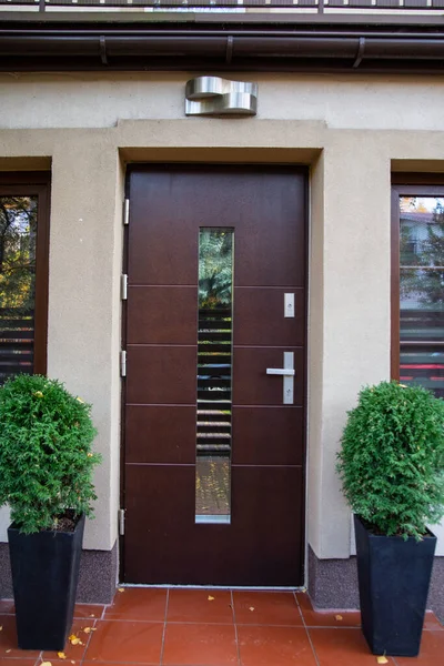A modern front door of a house and two outdoor pots with green plants. A brown, wooden, glazed entrance door to an apartment building. A doorway.