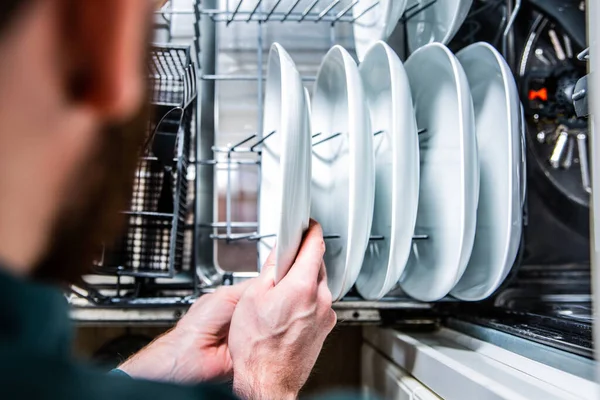 Young Adult Man Hands Loading Emptying Taking Out Clean Plates — Fotografia de Stock