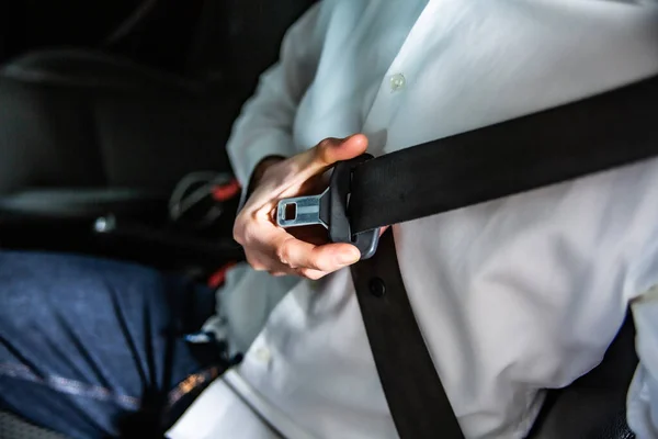 Horizontal View Male Hand Fastening Seat Belt Safety Belt Car —  Fotos de Stock